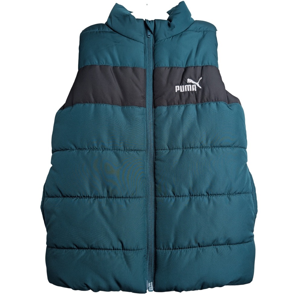 Puma Boys S/6‎ Forest Green Black White Logo Full Zip High Neck Kids Puffer Vest